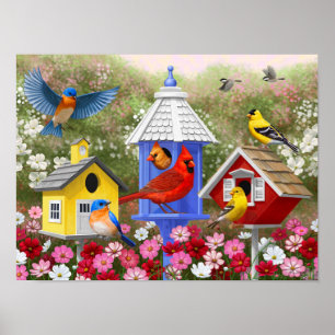 Farbenfrohe Vögel und Birthäuser Blumengarten Poster