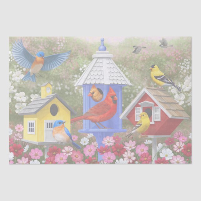 Farbenfrohe Vögel und Birthäuser Blumengarten Seidenpapier (Vorderseite)