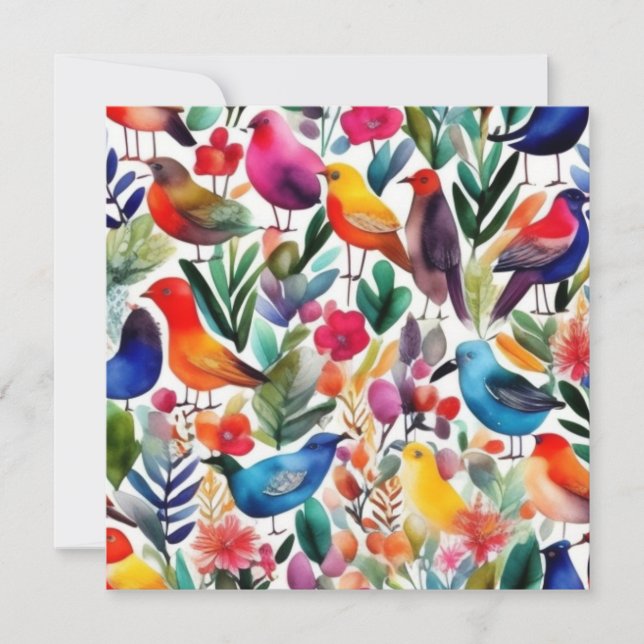 Farbenfrohe Vögel und Blume Einladung (Vorderseite)