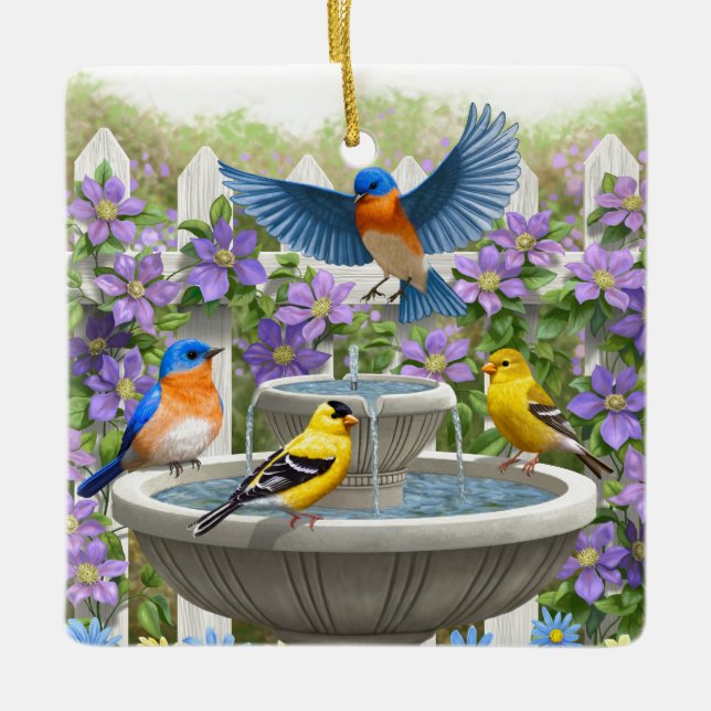 Farbenfrohe Vögel und Blütengarten für Vögel Keramikornament (Vorderseite)