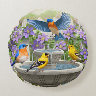 Farbenfrohe Vögel und Blütengarten für Vögel Rundes Kissen