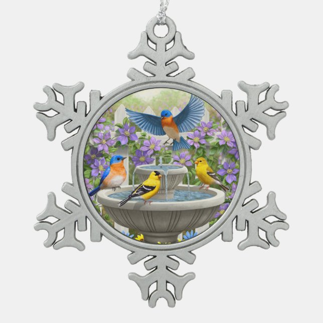 Farbenfrohe Vögel und Blütengarten für Vögel Schneeflocken Zinn-Ornament (Vorderseite)