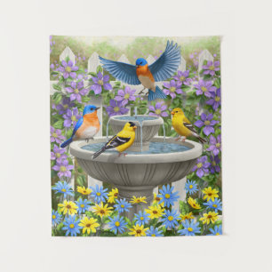 Farbenfrohe Vögel und Blütengarten für Vögel Wandteppich