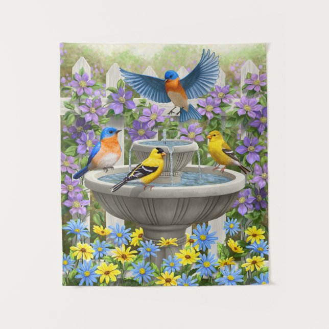 Farbenfrohe Vögel und Blütengarten für Vögel Wandteppich (Vorderseite)