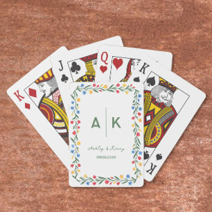 Farbenfrohe Volkskunst-Wildblumen-Monogramm-Hochze Spielkarten