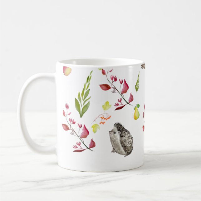Farbenfrohe Waldhausmuster mit Bollen, Hedgeh Kaffeetasse (Links)