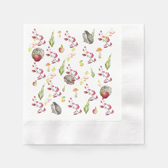 Farbenfrohe Waldhausmuster mit Bollen, Hedgeh Serviette (Vorderseite)