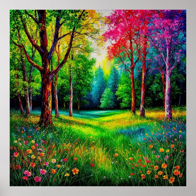 Farbenfrohe Waldlandschaft mit lebhaften Bäumen Poster (Vorne)