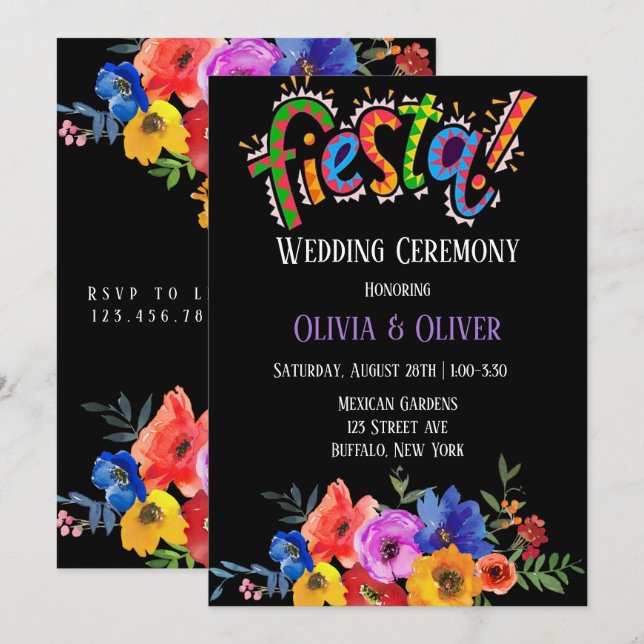 Farbenfrohe Wasserfarbe Blumenfiesta Hochzeit Einladung (Vorne/Hinten)