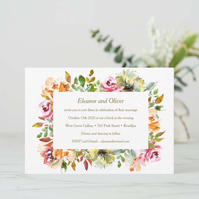 Farbenfrohe Wasserfarbe Blütenblüte Grüne Hochzeit Einladung (Stehend Vorderseite)