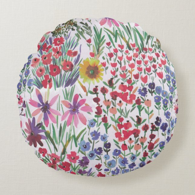 Farbenfrohe Wasserfarbe Botanik Boho Garden Rundes Kissen (Vorderseite)