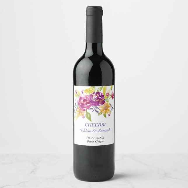 Farbenfrohe Wasserfarbe Bouquet Personalisierte Ho Weinetikett (Vorderseite)