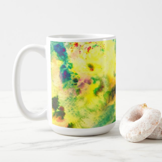 Farbenfrohe Wasserfarbe Gelbe Grüne Abstrakte Kuns Kaffeetasse (Mit Donut)