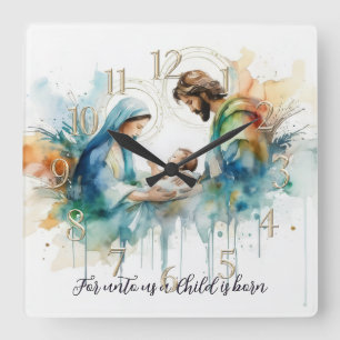 Farbenfrohe Wasserfarbe Heilige Familie Quadratische Wanduhr