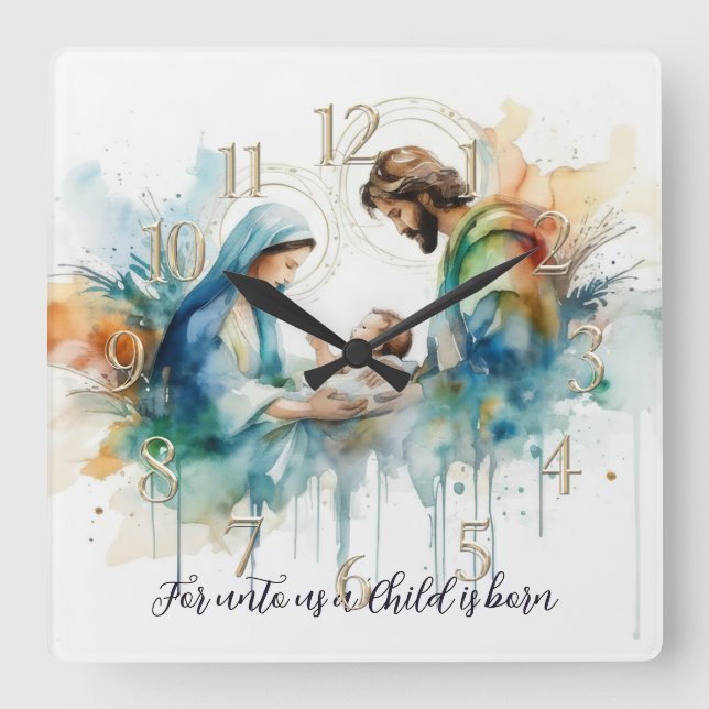 Farbenfrohe Wasserfarbe Heilige Familie Quadratische Wanduhr (Vorderseite)