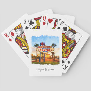 Farbenfrohe Wasserfarbe Las Vegas Zeichenhochzeit Spielkarten