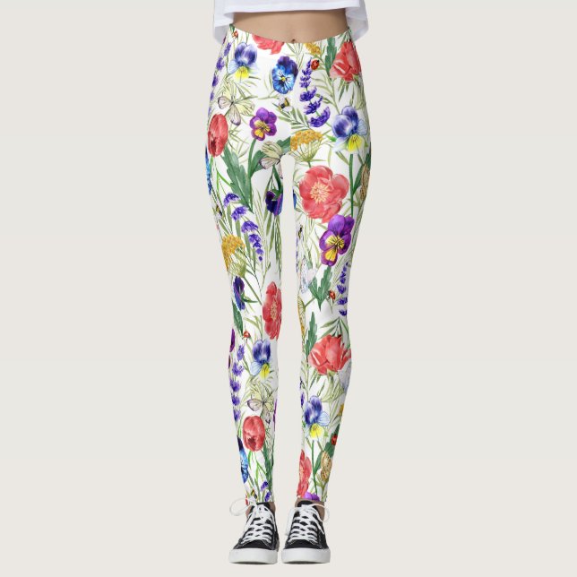 Farbenfrohe Wasserfarbe Wilde Blume Poppies Leggin Leggings (Vorderseite)