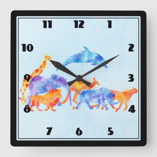 Farbenfrohe Wasserfarbe Wildtierherde, die frei lä Quadratische Wanduhr (Vorderseite)