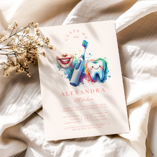 Farbenfrohe Wasserfarbe Zahnarzt Abschluss Einladung