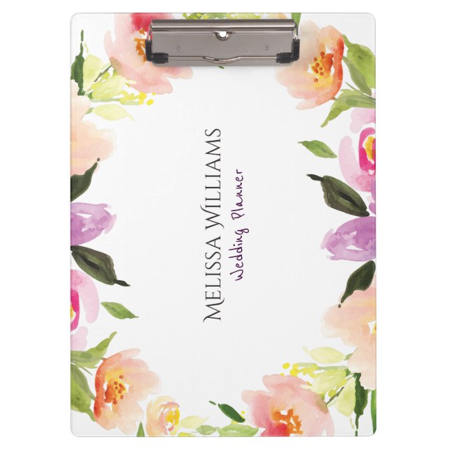 Farbenfrohe Wasserfarben Blume Hochzeitskranz Klemmbrett (Vorderseite)