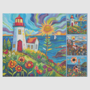 Farbenfrohe Wasserfarben Folk Art Light Houses Seidenpapier