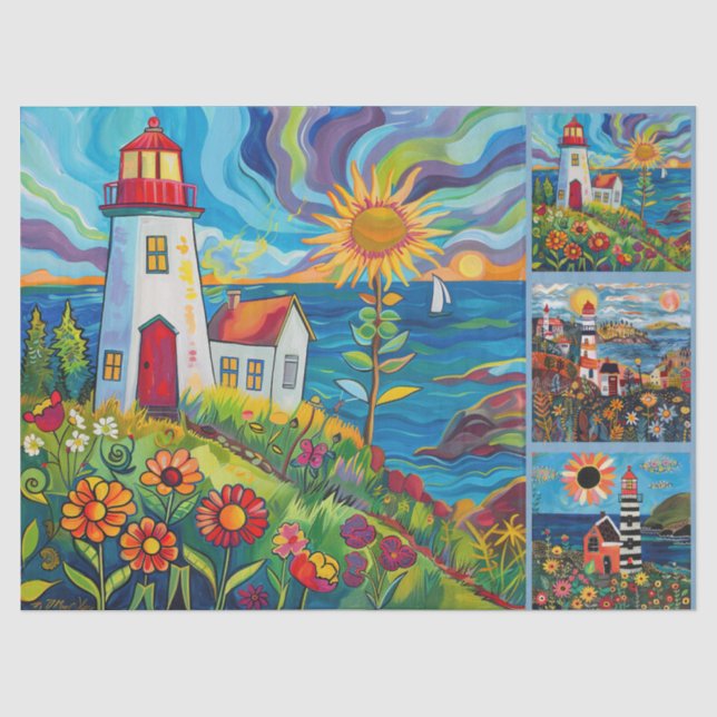 Farbenfrohe Wasserfarben Folk Art Light Houses Seidenpapier (Vorderseite)