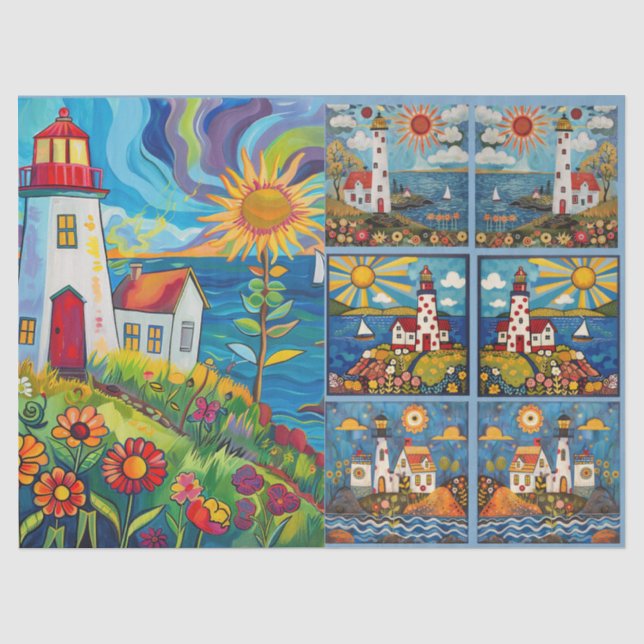 Farbenfrohe Wasserfarben Folk Art Light Houses Seidenpapier (Vorderseite)