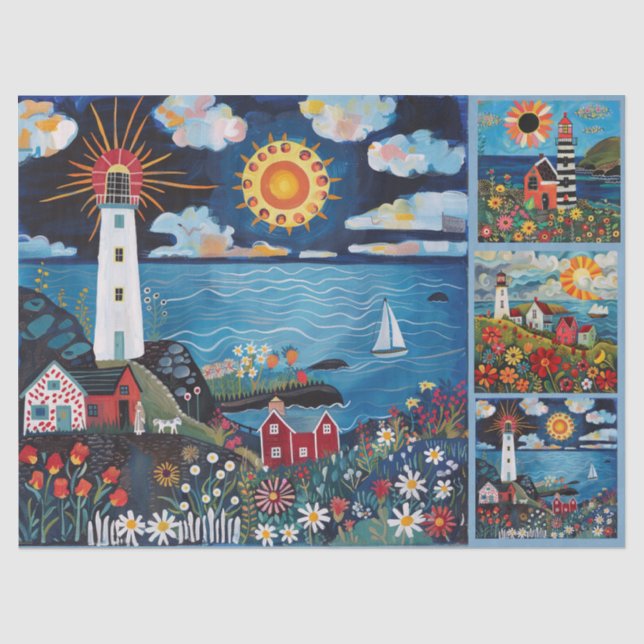 Farbenfrohe Wasserfarben Folk Art Light Houses Seidenpapier (Vorderseite)