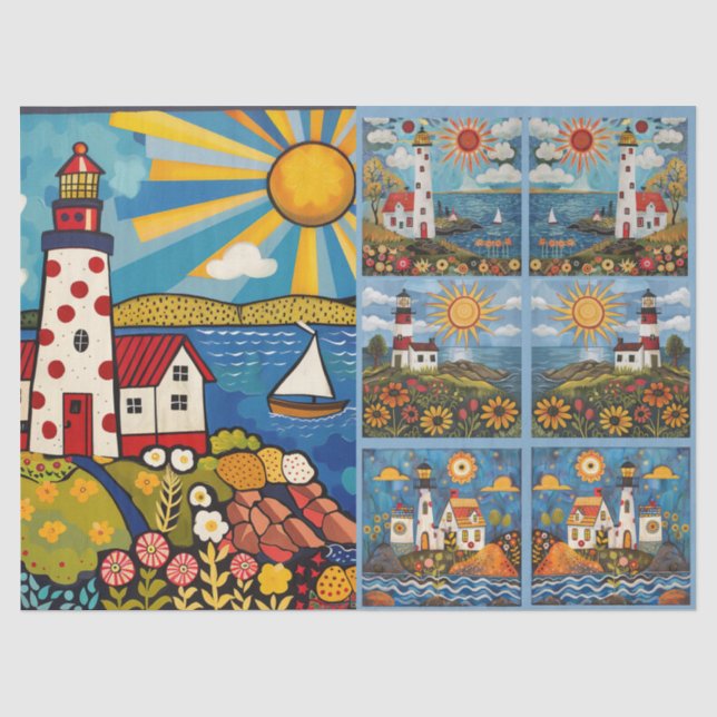 Farbenfrohe Wasserfarben Folk Art Light Houses Seidenpapier (Vorderseite)