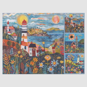 Farbenfrohe Wasserfarben Folk Art Light Houses Seidenpapier