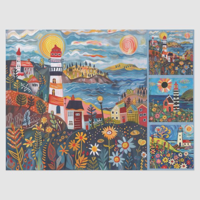 Farbenfrohe Wasserfarben Folk Art Light Houses Seidenpapier (Vorderseite)