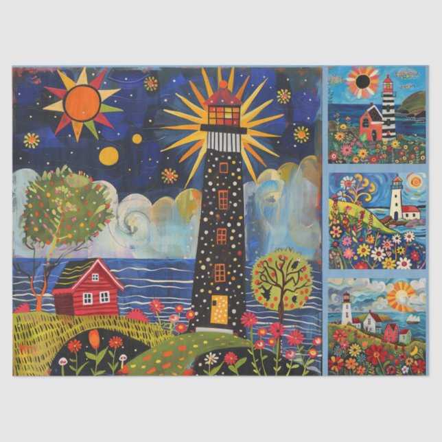 Farbenfrohe Wasserfarben Folk Art Light Houses Seidenpapier (Vorderseite)