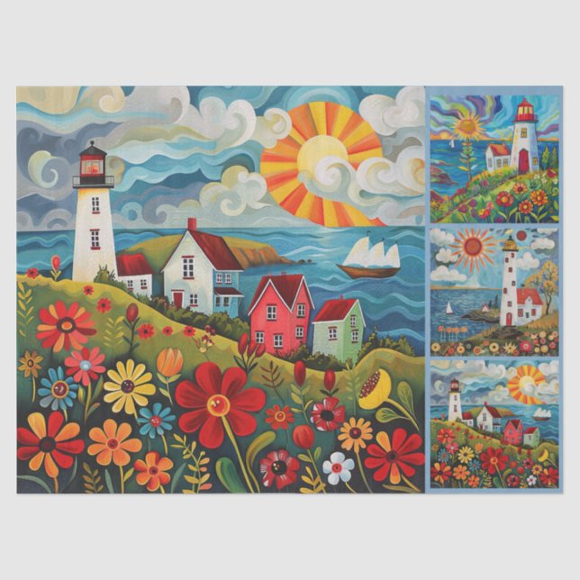 Farbenfrohe Wasserfarben Folk Art Light Houses Seidenpapier (Vorderseite)
