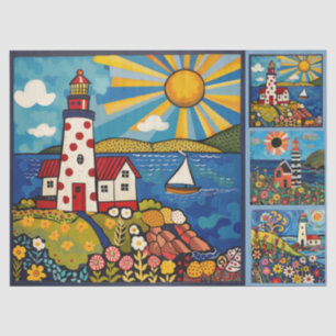 Farbenfrohe Wasserfarben Folk Art Light Houses Seidenpapier