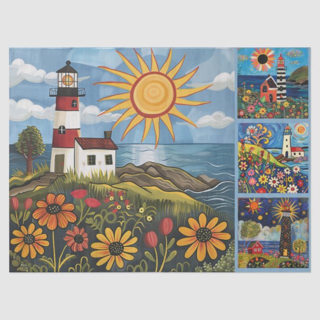 Farbenfrohe Wasserfarben Folk Art Light Houses Seidenpapier (Vorderseite)