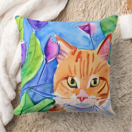 Farbenfrohe Wasserfarben Kunst | Orangefarbene Kat Kissen