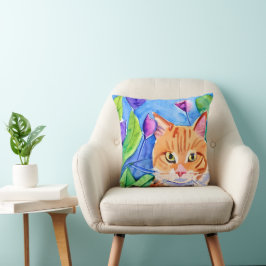 Farbenfrohe Wasserfarben Kunst | Orangefarbene Kat Kissen