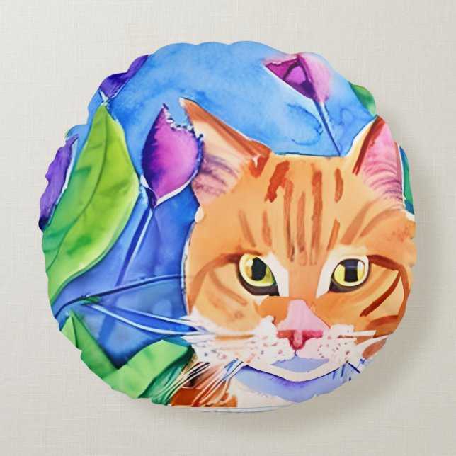 Farbenfrohe Wasserfarben Kunst | Orangefarbene Kat Rundes Kissen (Vorderseite)