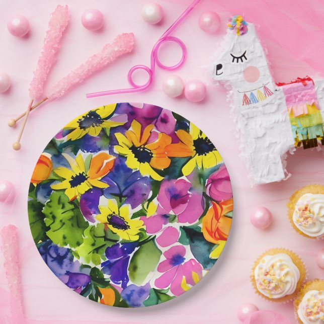 Farbenfrohe Wasserfarben Pappteller (Party)