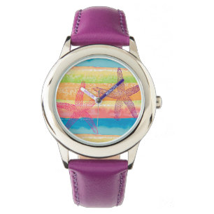 Farbenfrohe Wasserfarben Streifen Starfish Armbanduhr
