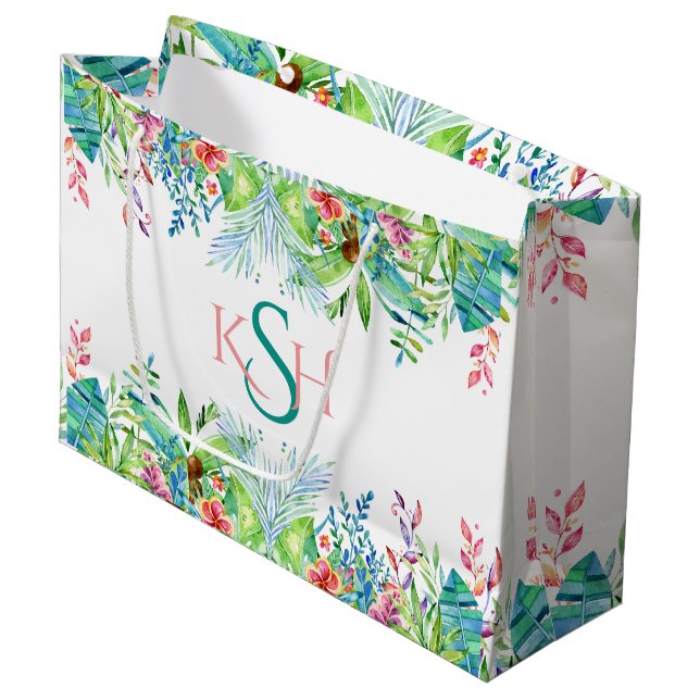 Farbenfrohe Wasserfarben Tropische Blume & Blätter Große Geschenktüte (Vorderseite Schrägansicht)
