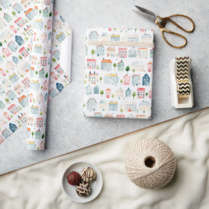 Farbenfrohe Wasserfarbenhäuser Geschenkpapier