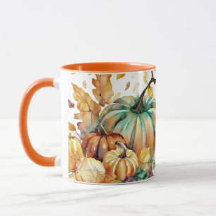 Farbenfrohe Wasserfarbenkürbis und Blätter Tasse