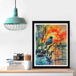 Farbenfrohe Wasserfarbenlandschaft Sees and Bird Fotodruck