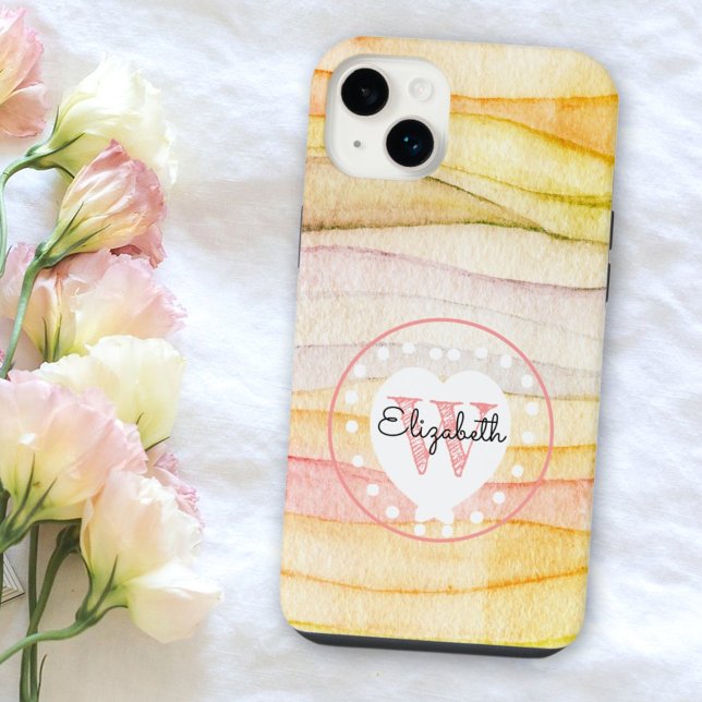 Farbenfrohe Wasserfarbenwellen Monogramm Weißes He iPhone 14 Plus Hülle (Need a gift idea? This personalized monogram phone case is also available in other iPhone styles.)