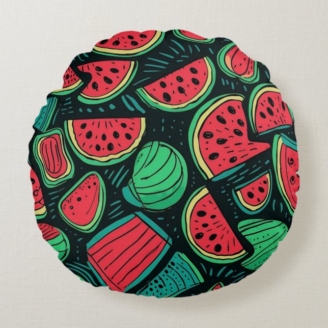 Farbenfrohe Wassermelone Slice Nahtloses Muster Rundes Kissen (Vorderseite)