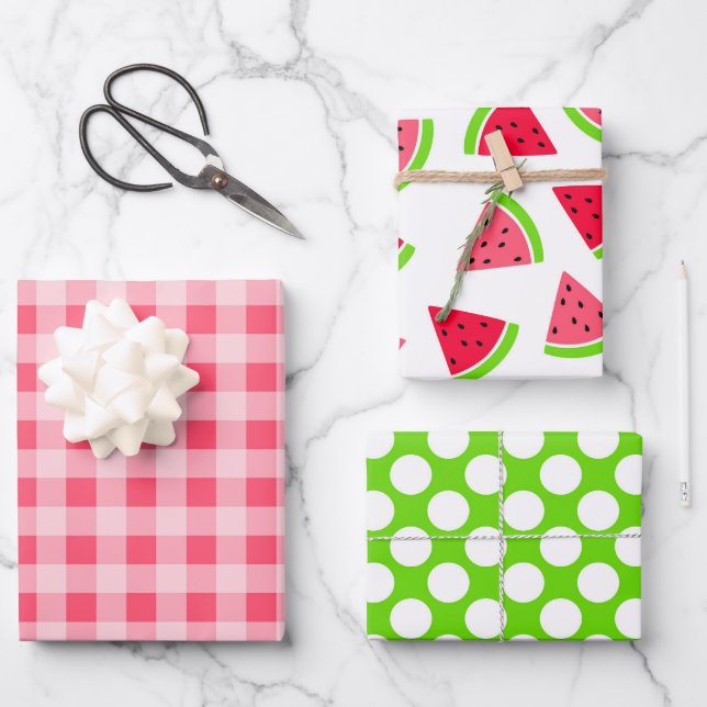 Farbenfrohe Wassermelonen Punkte und Gingham Geschenkpapier Set (Vorderseite)