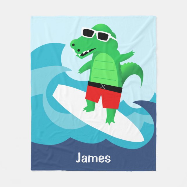 Farbenfrohe Wave Riding Alligator Throw Fleecedecke (Vorderseite)