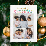 Farbenfrohe Weihnachten Drei FotoCollage<br><div class="desc">Diese lustige, helle Weihnachts-Weihnachtsfotokarte enthält 3 Fotovorlagen. Einfache, moderne Typografie liest "Frohe Weihnachten", mit Goldfolie aus Imitat und farbenprächtigem, überlappendem Papierdesign. Auf der Rückseite der Karte befindet sich ein passendes, überlappendes Weihnachtsbaumdesign, das handgefertigt ist. Diese spielerische Karte weckt ein Gefühl von Lachen, Liebe und Kindheit Freude in den einfachen Dingen....</div>