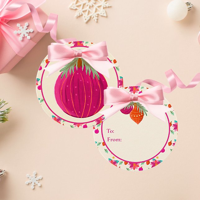 Farbenfrohe Weihnachten Geschenkanhänger (Colorful bright hot pink Christmas ornament with festive holiday details.)